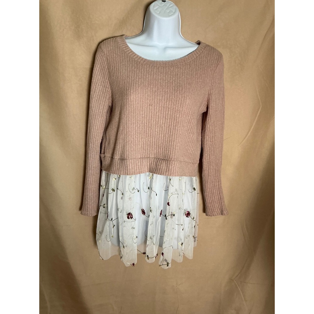 Love Riche Mixed Media Top Womens Small Mauve Pink Excellent Floral Mesh Hem